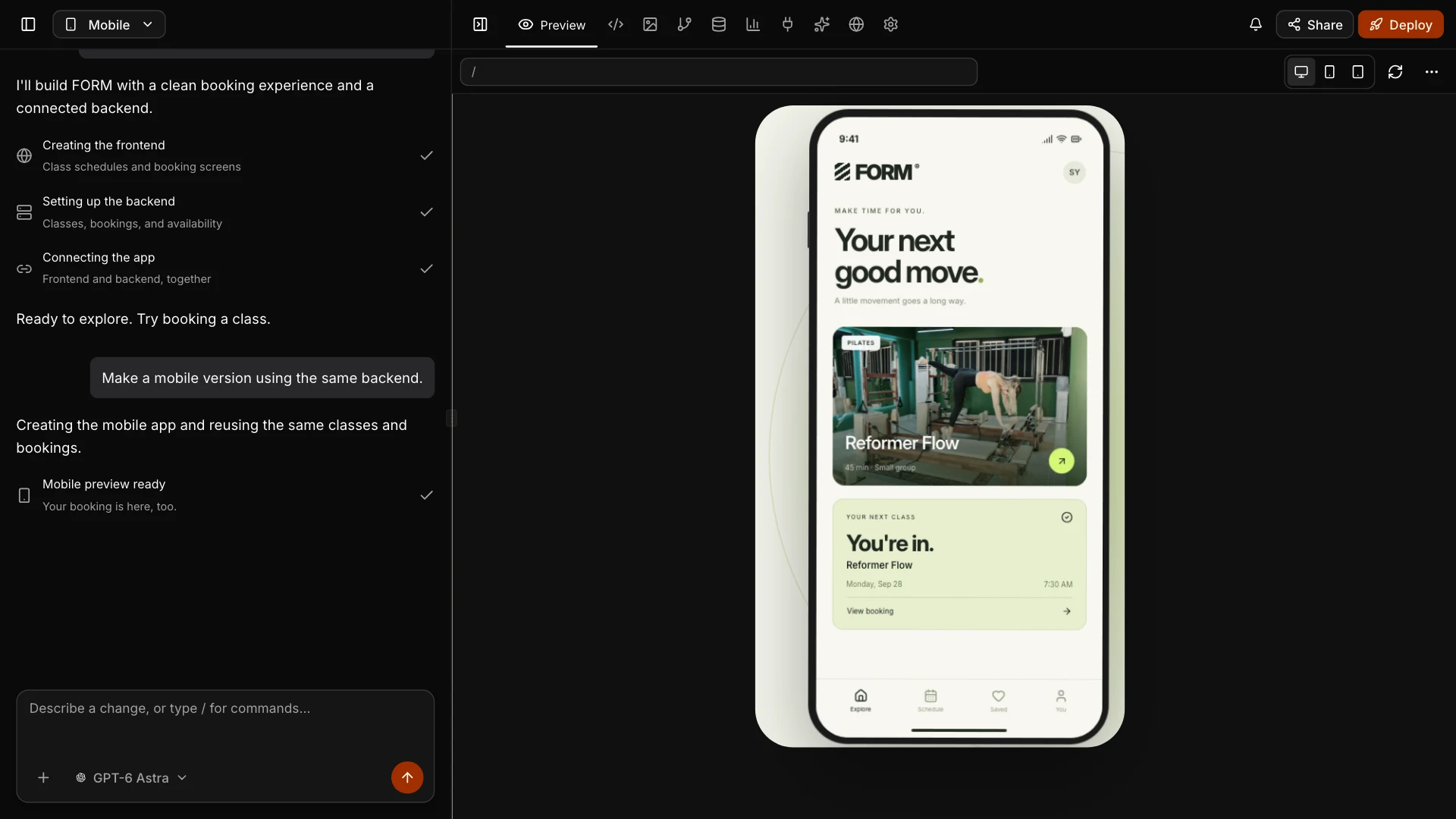 Wemob Studio walkthrough: a request for a mobile version alongside the FORM app in a phone preview.