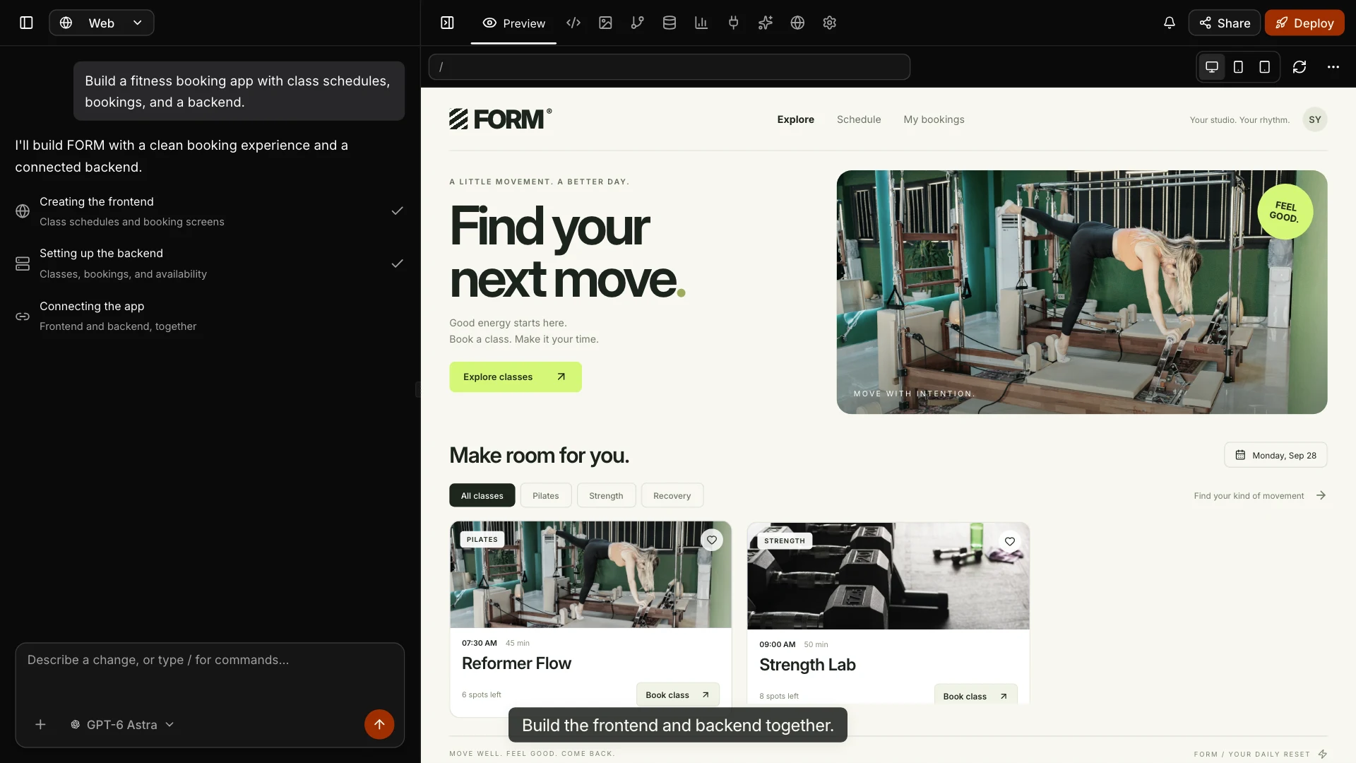 Wemob Studio walkthrough: conversation on the left and the FORM fitness booking website in the web preview.